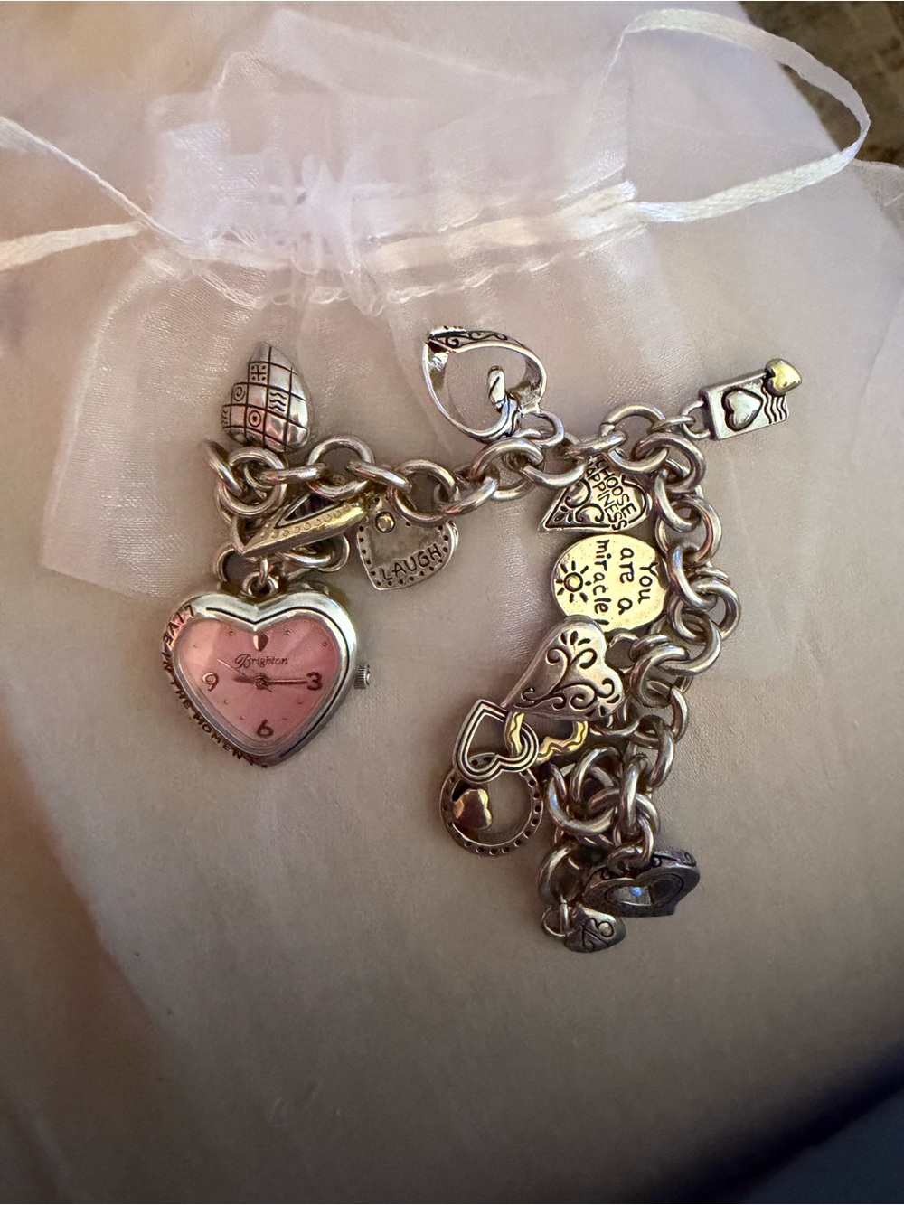 Brighton Silver Charm Bracelet with Pink Heart Watch